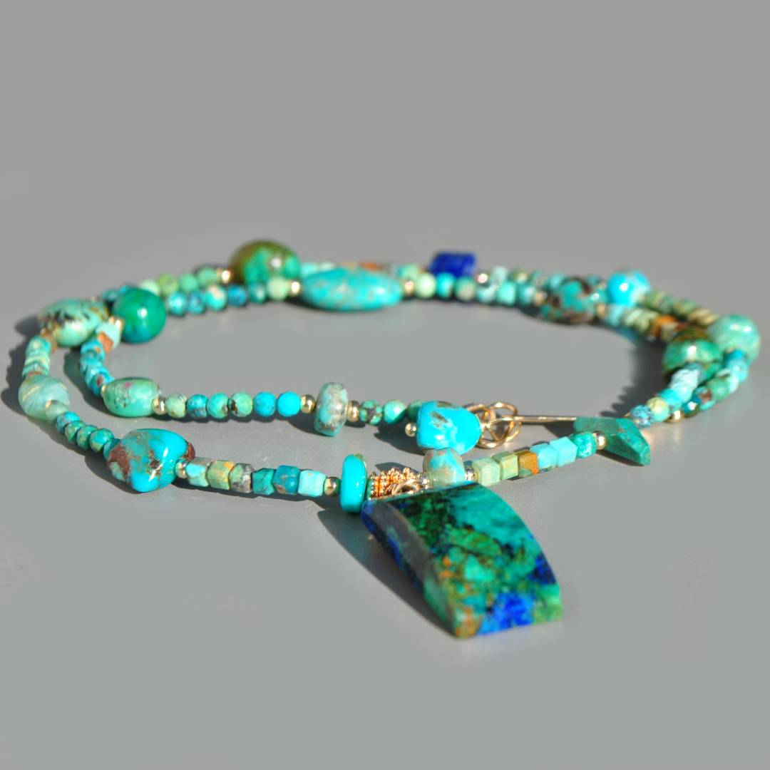 Collier pendentif Chrysocolle malachite, perles de turquoise amerindienne Opale perou-5
