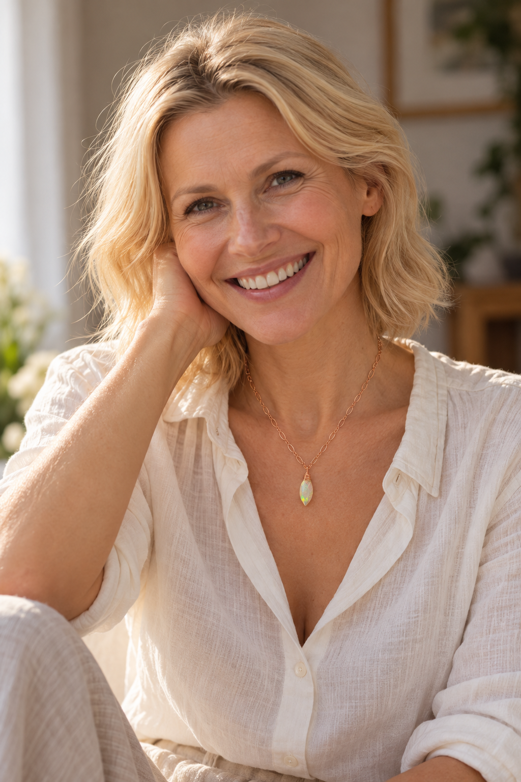 Sourire chaleureux, collier éclat d’opale
