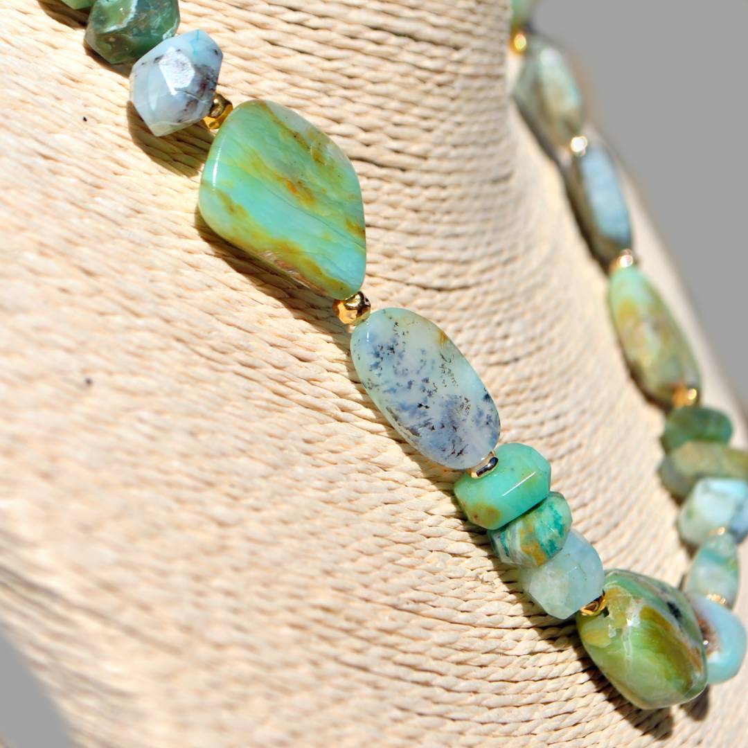 Collier Opale Bleue Verte du Pérou – Grosses Pierres Naturelles Baroques – Gold Filled 14K-B