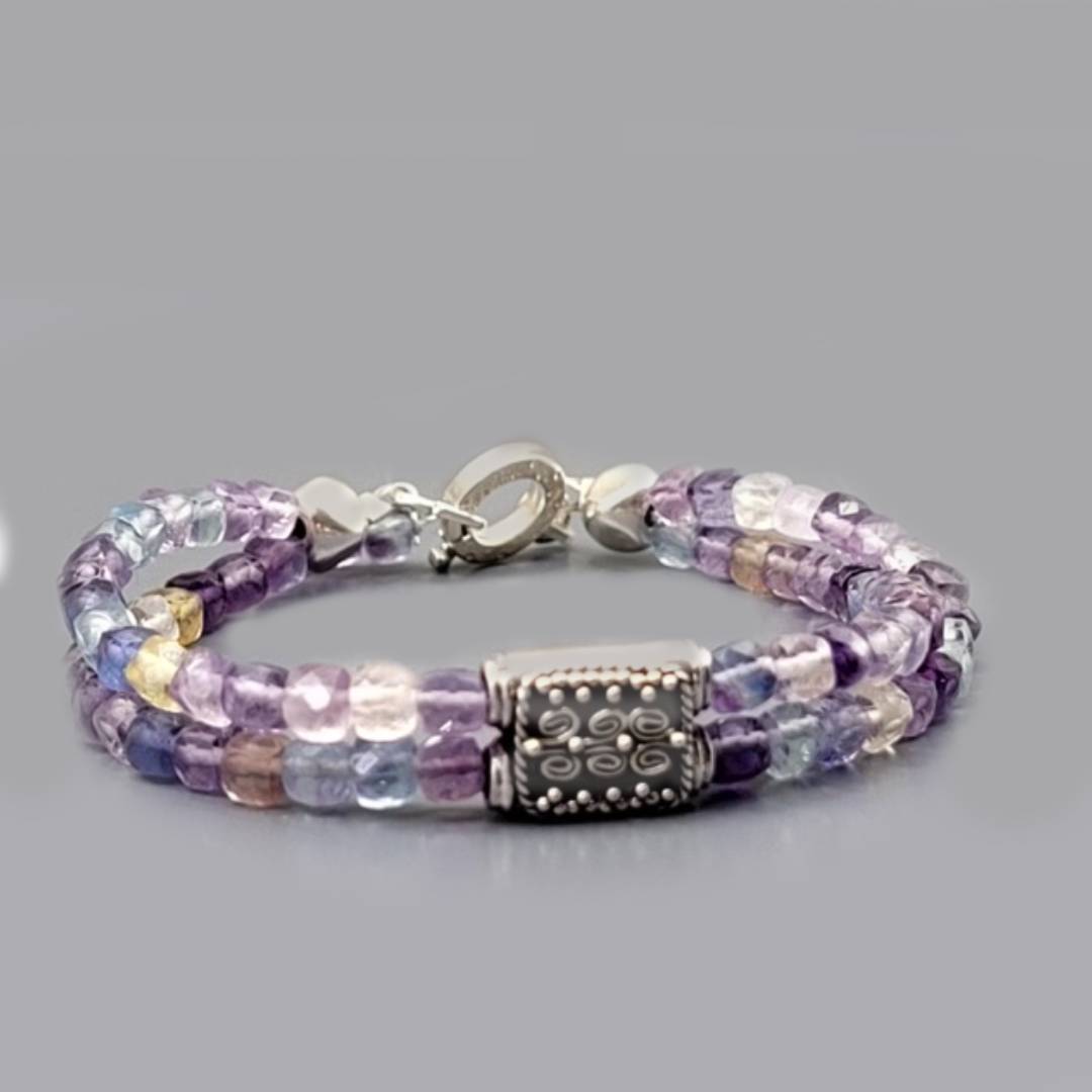 Bracelet 2 rangs Argent de Bali Fluorite