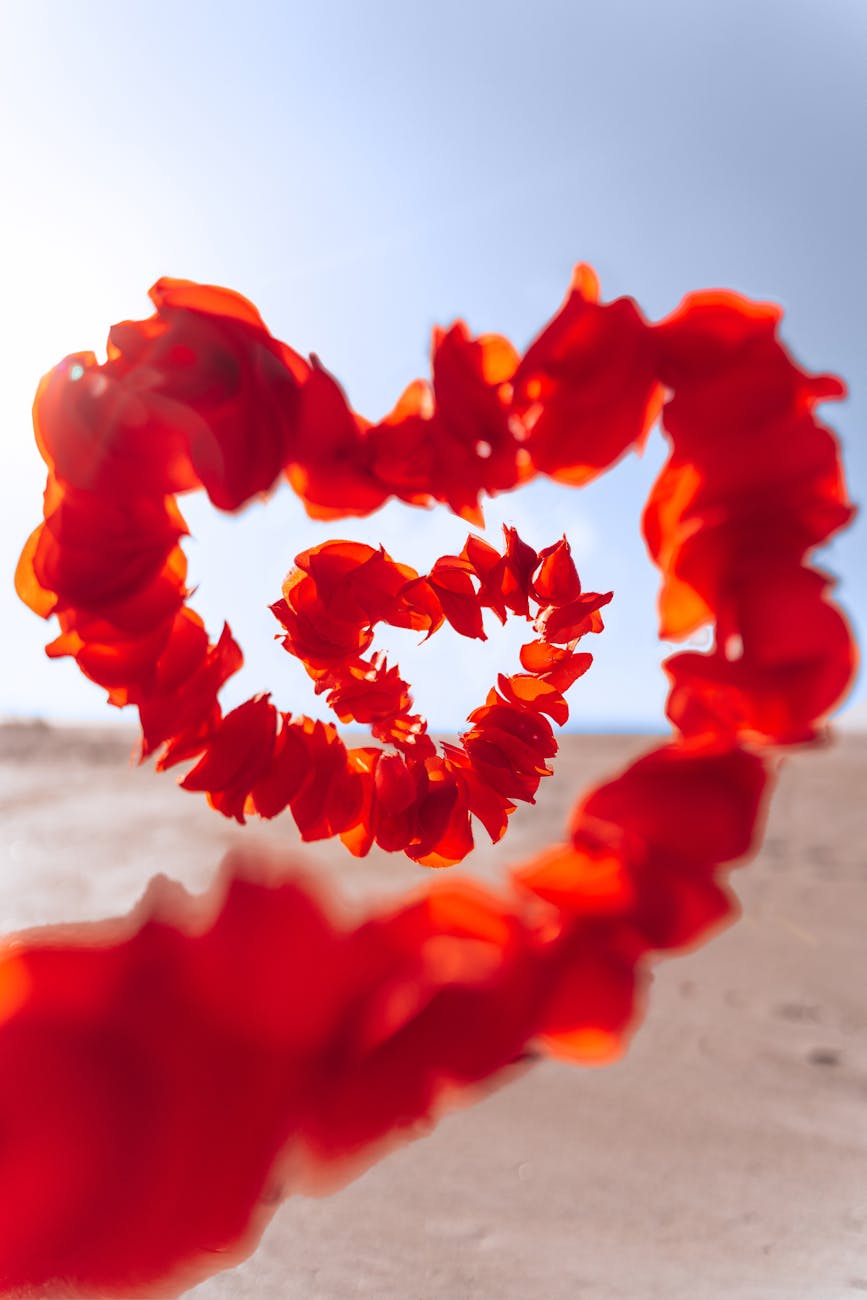 Coeurs de pétales sur le sable pour la Saint-Valentin