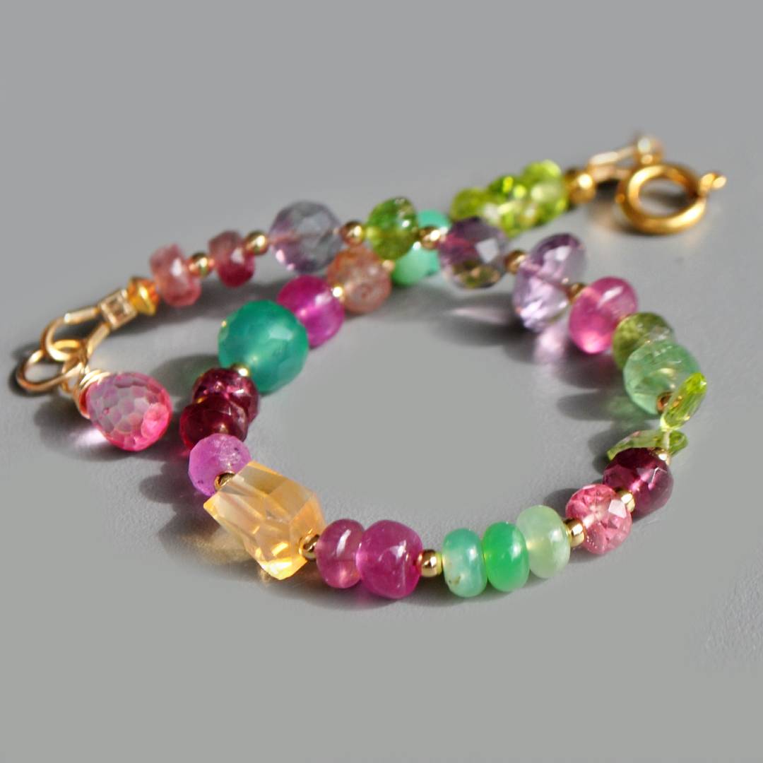 Bracelet multicolore rose vert pierres naturelles Or14K