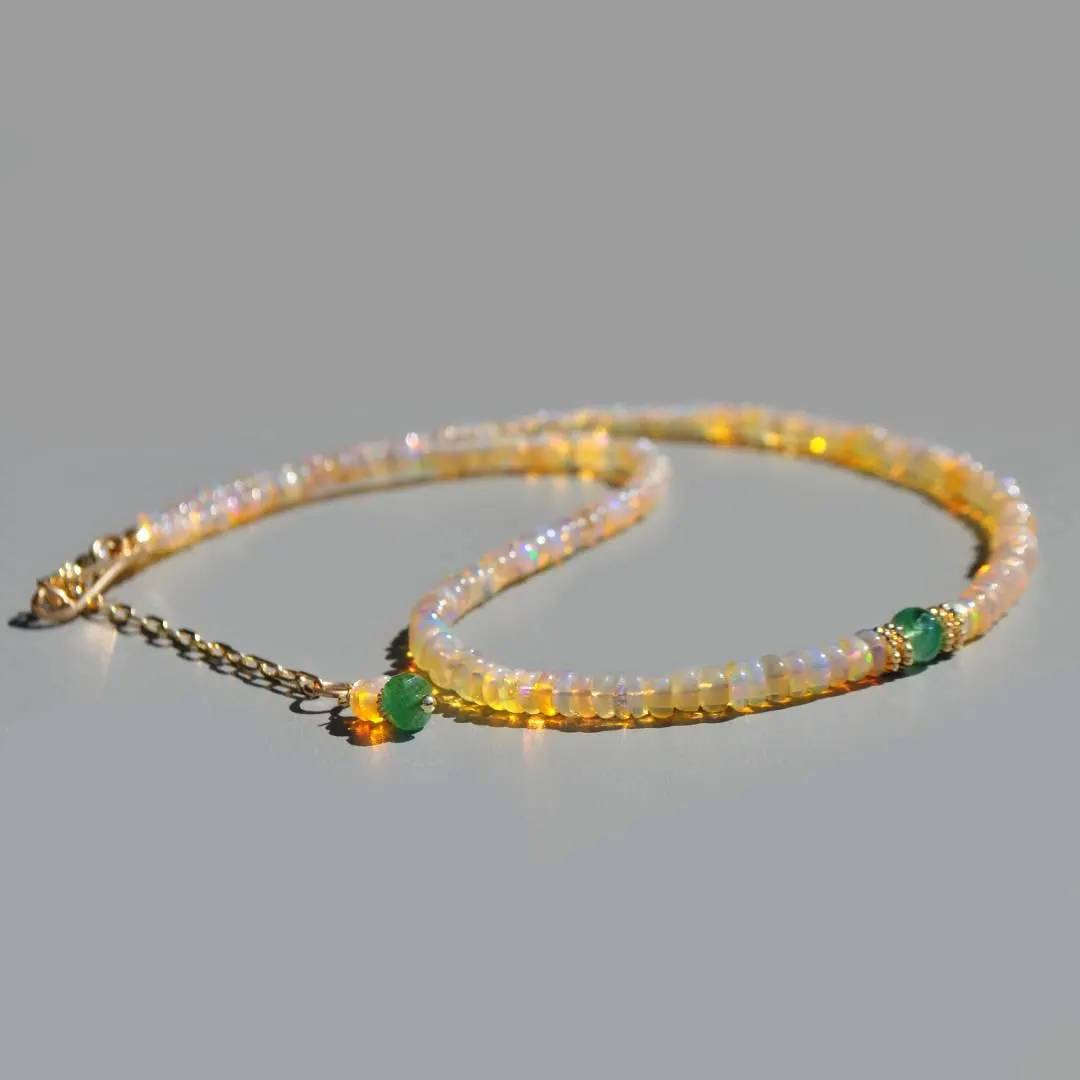 Collier Opale Welo Éthiopienne et Émeraude de Zambie Or 14K