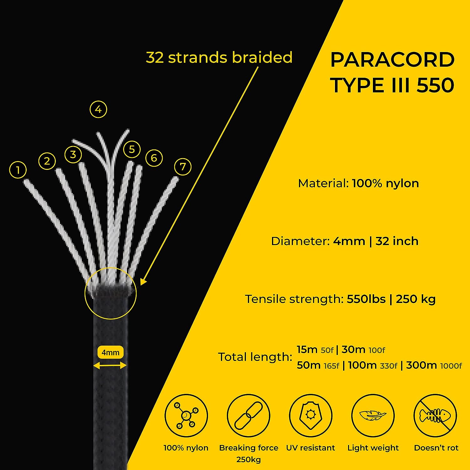 Paracord EdcX 4 mm - 35 Couleurs (15-300 m) | Nylon 100% |