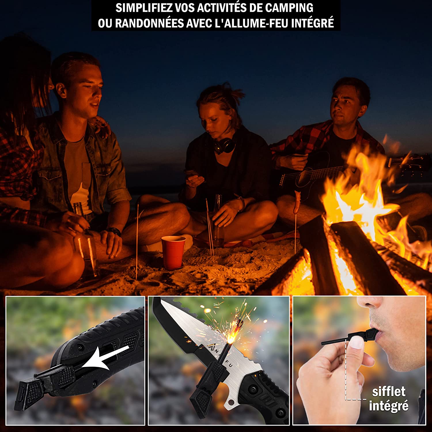 Couteau de Survie - Lame Fixe, Allume-feu Intégré, Étui Rigide