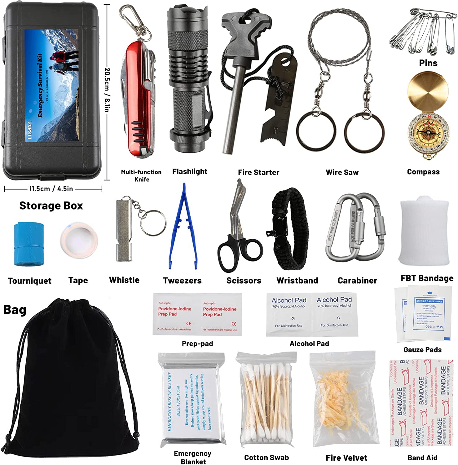 Kit de survie Lixada - 23 outils multifonctionnels et fournitures de premiers soins