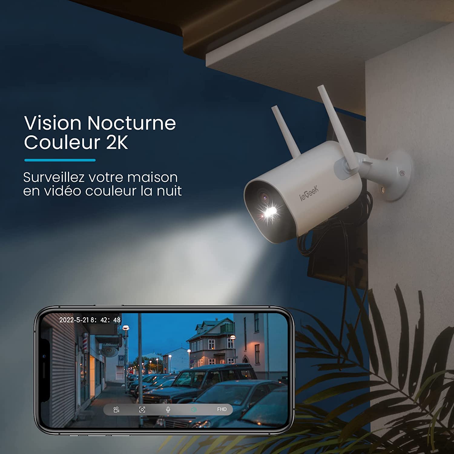 Caméra WiFi Extérieure 2K: Vision Nocturne 15m, PIR, Solaire