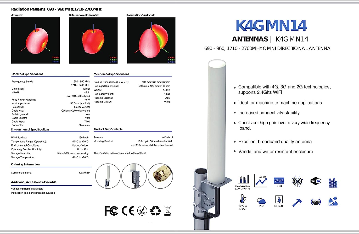 Antenne 4G LTE Extérieure KASER Mimo Étanche (Câble 2 x 10 m)