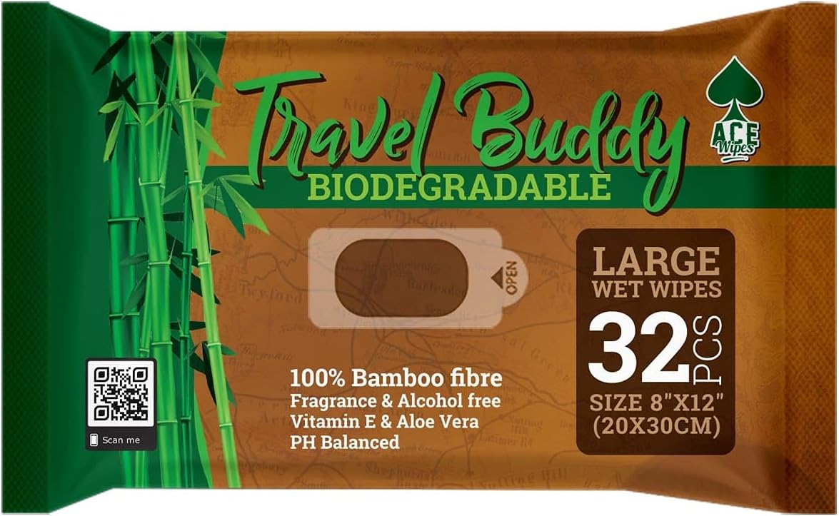Lingettes biodégradables en bambou Travel Buddy, 32 pcs