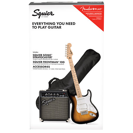 GUITARE ÉLECTRIQUE DEBUTANT SONIC STRATOCASTER BY SQUIER FENDER + AMPLIFICATEUR 15WATTS +ACC