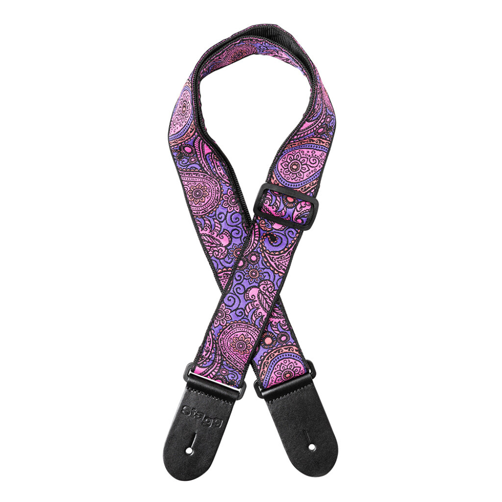 Sangle de guitare en nylon tissé avec motif paisley rose