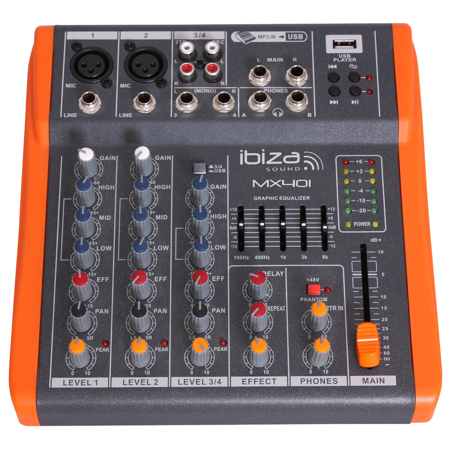 4-CH MUSIC MIXER W/USB, EFFECT, EQ MX401