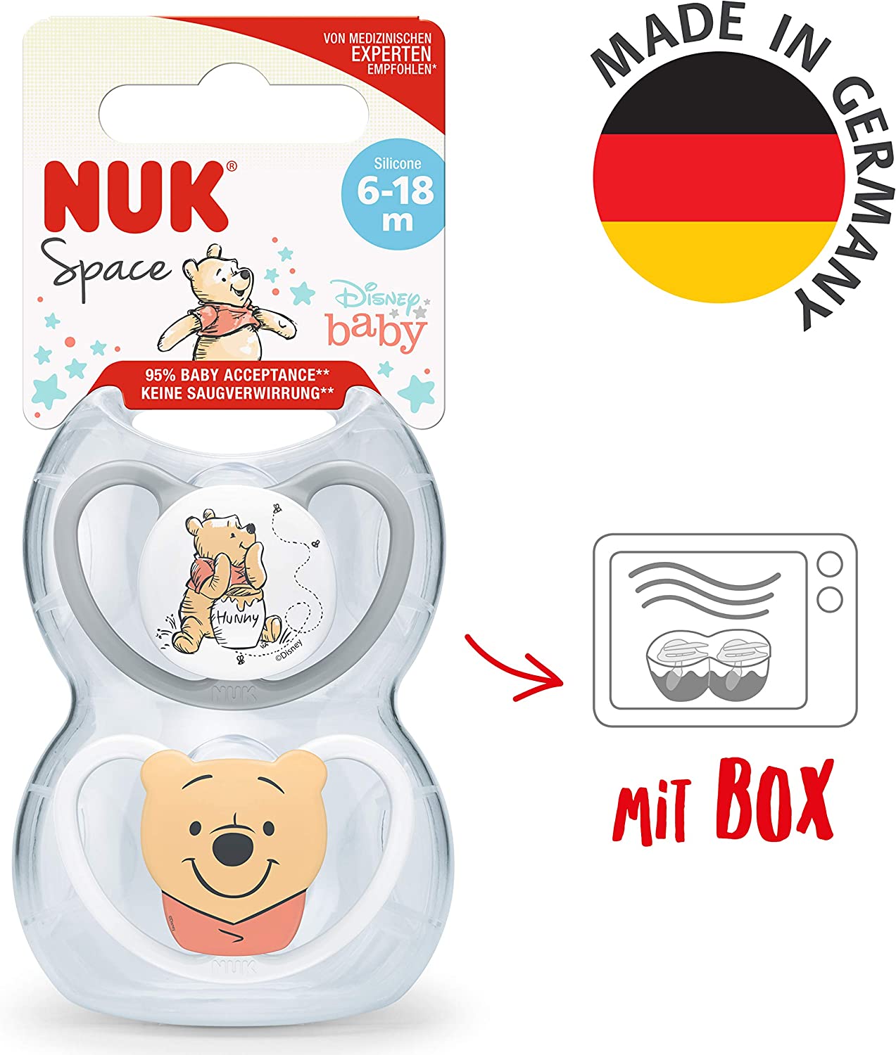 NUK Space chupete, 6-18 meses, Chupetes con ventilación adicional para  pieles sensibles, Silicona sin BPA, León y sol