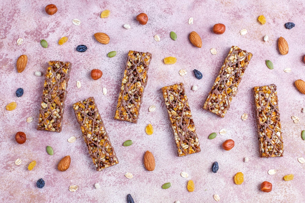 healthy delicios granola bars with chocolate muesli bars with nuts dry fruits top view