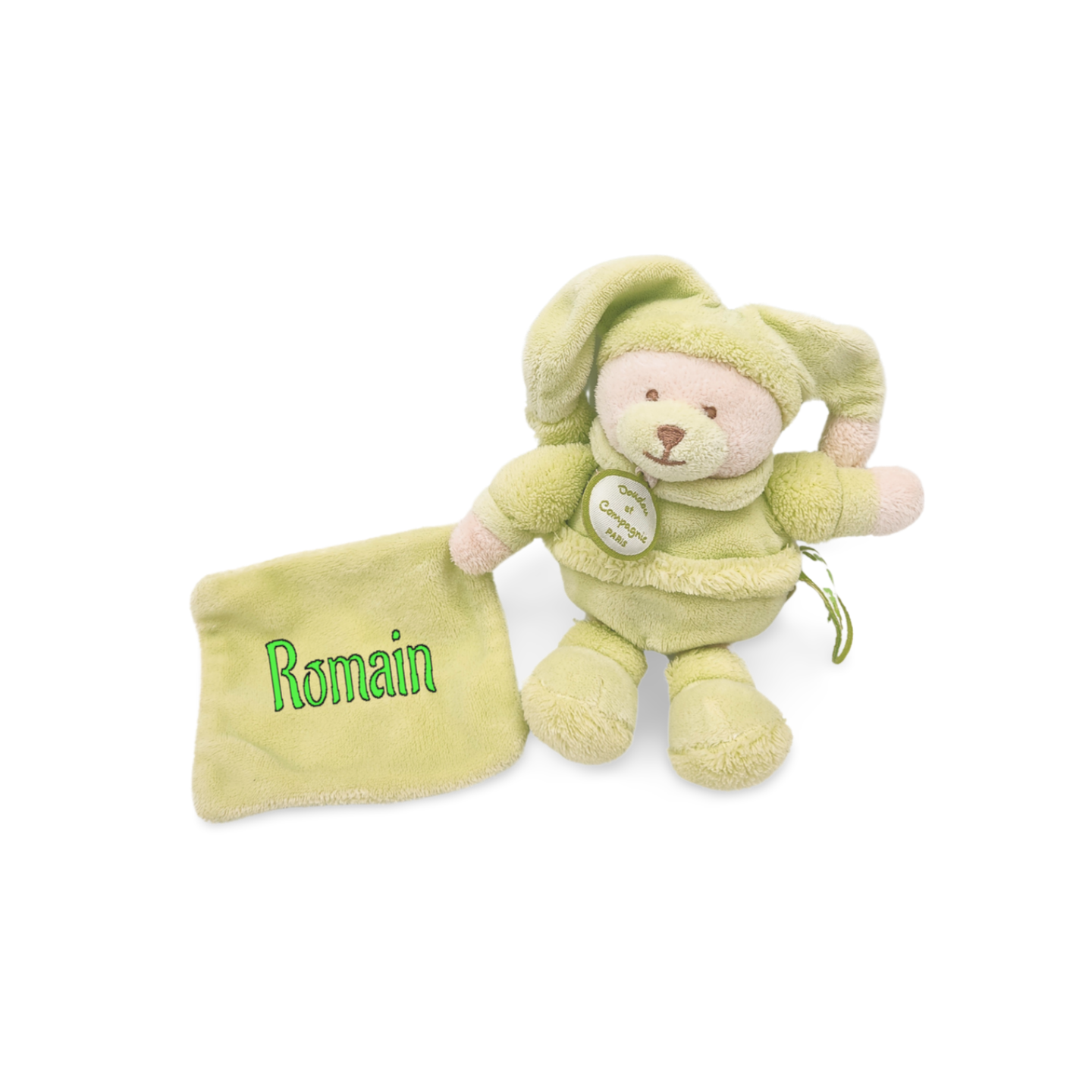 Doudou ours vert mouchoir