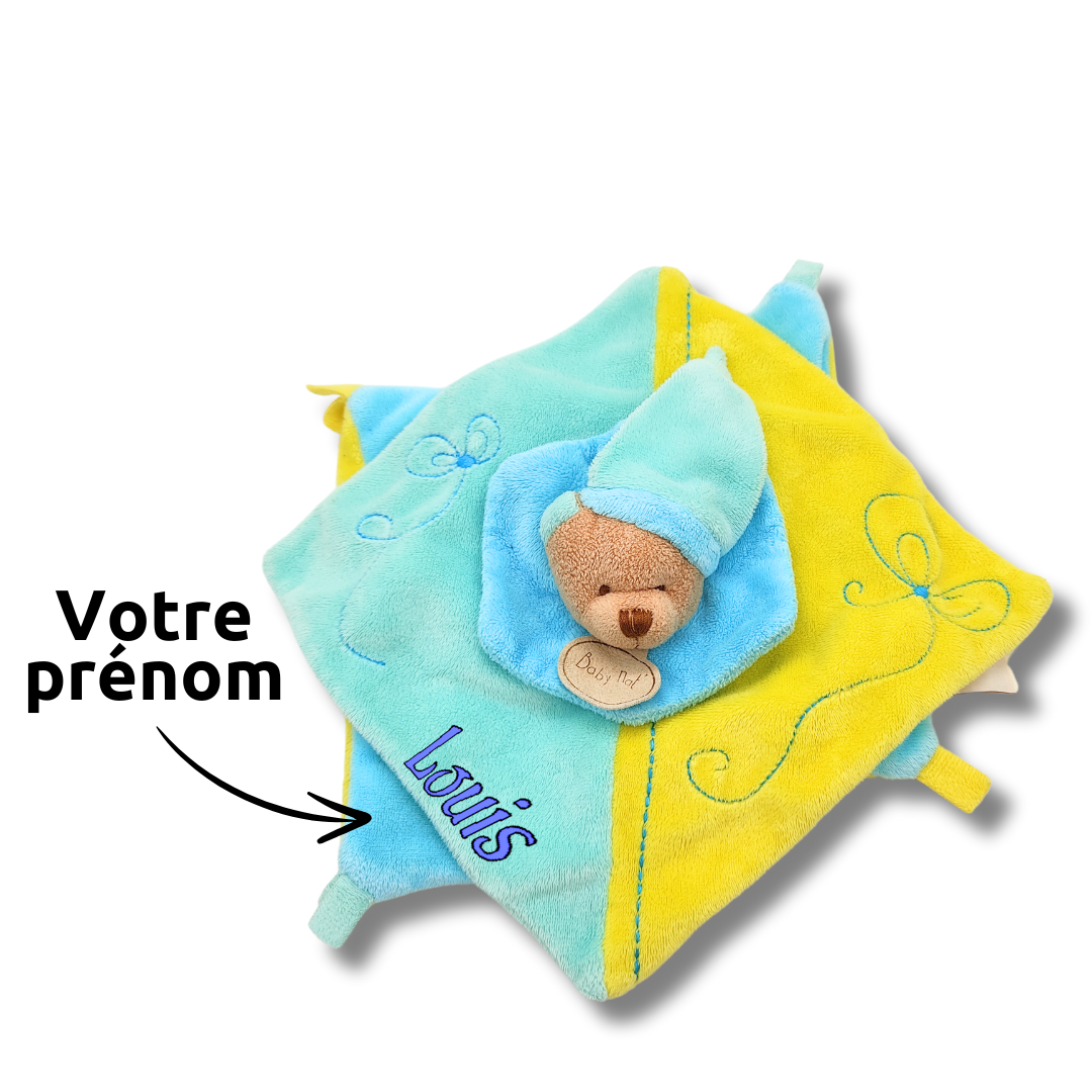 Pouti l\'Ours Bleu et Jaune - Doudou personnalisé