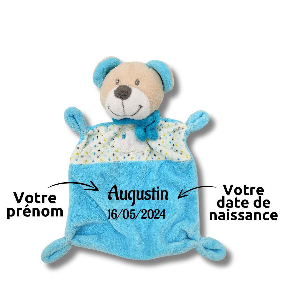 Luca, l\'ours Bleu - Doudou personnalisé