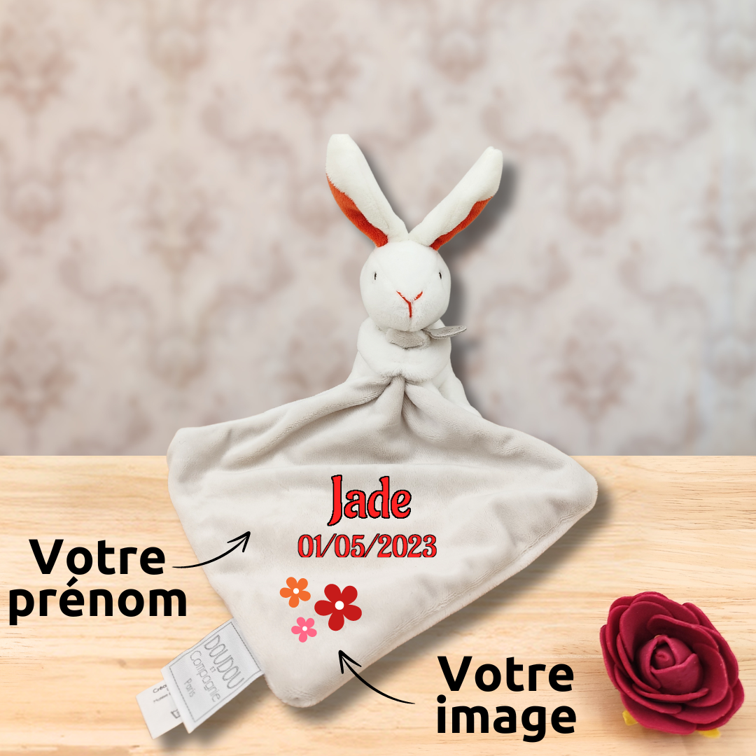 Doudou personnalisé lapin avec photo, cadeau bébé