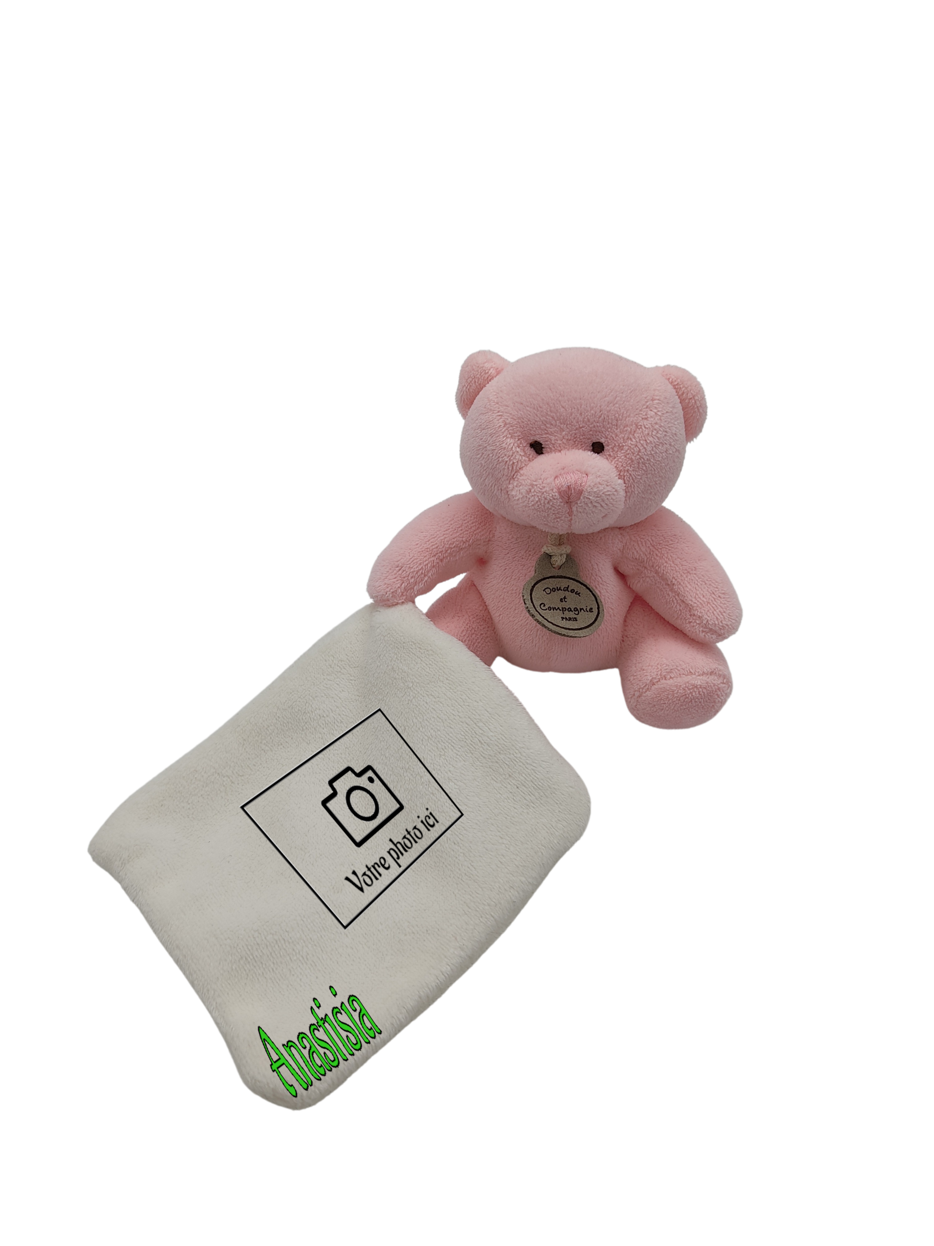 Doudou petit ours rose avec mouchoir blanc DOUDOU et Compagnie