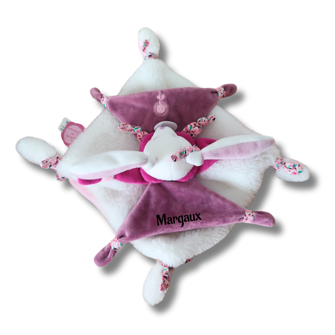 Doudou personnalisé lapin rose et violet