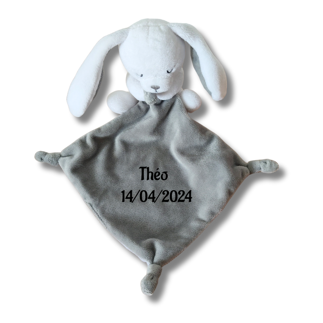 Doudou personnalisé lapin gris avec mouchoir