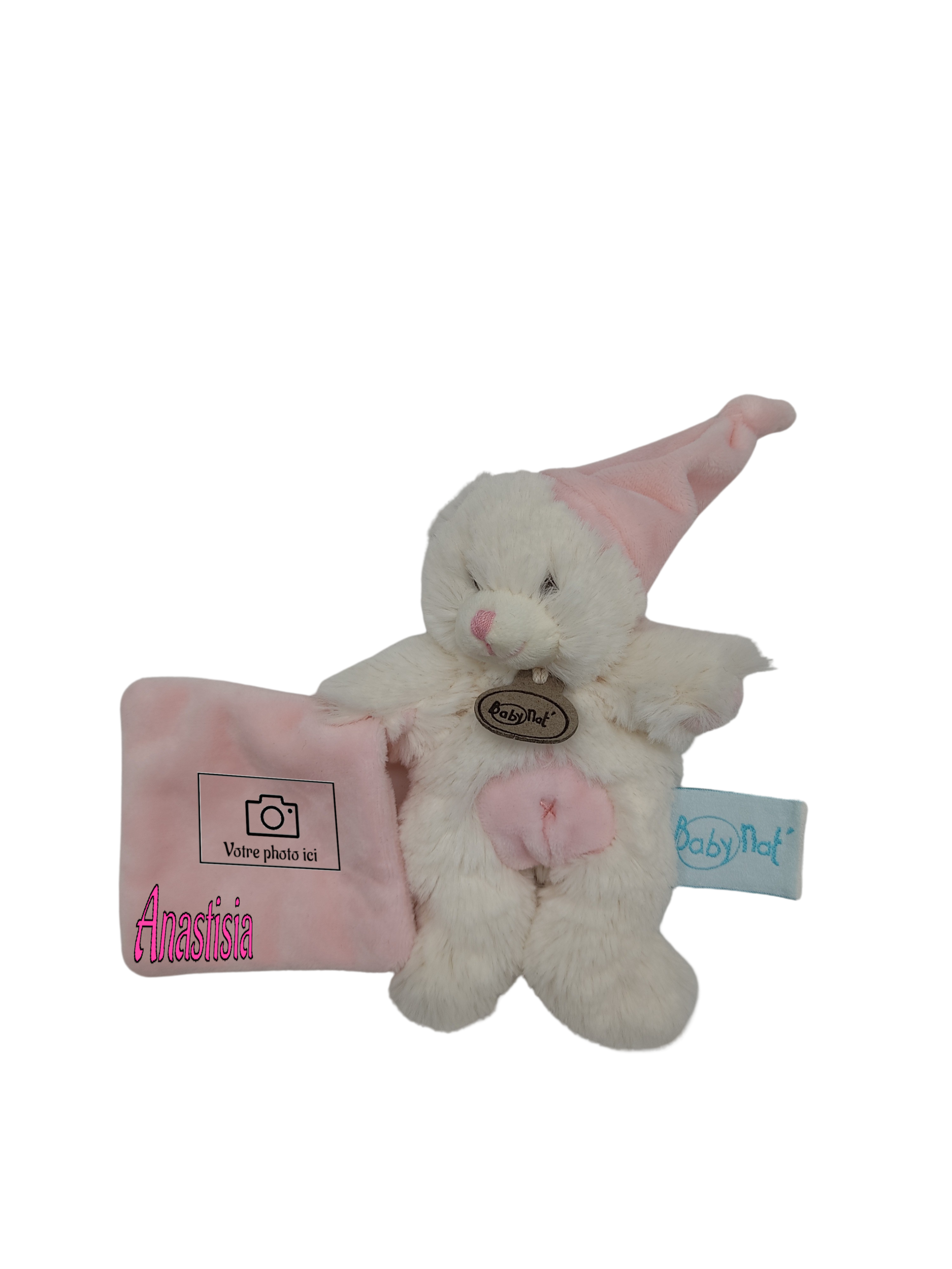 Doudou petit ours blanc bonnet rose BABY NAT