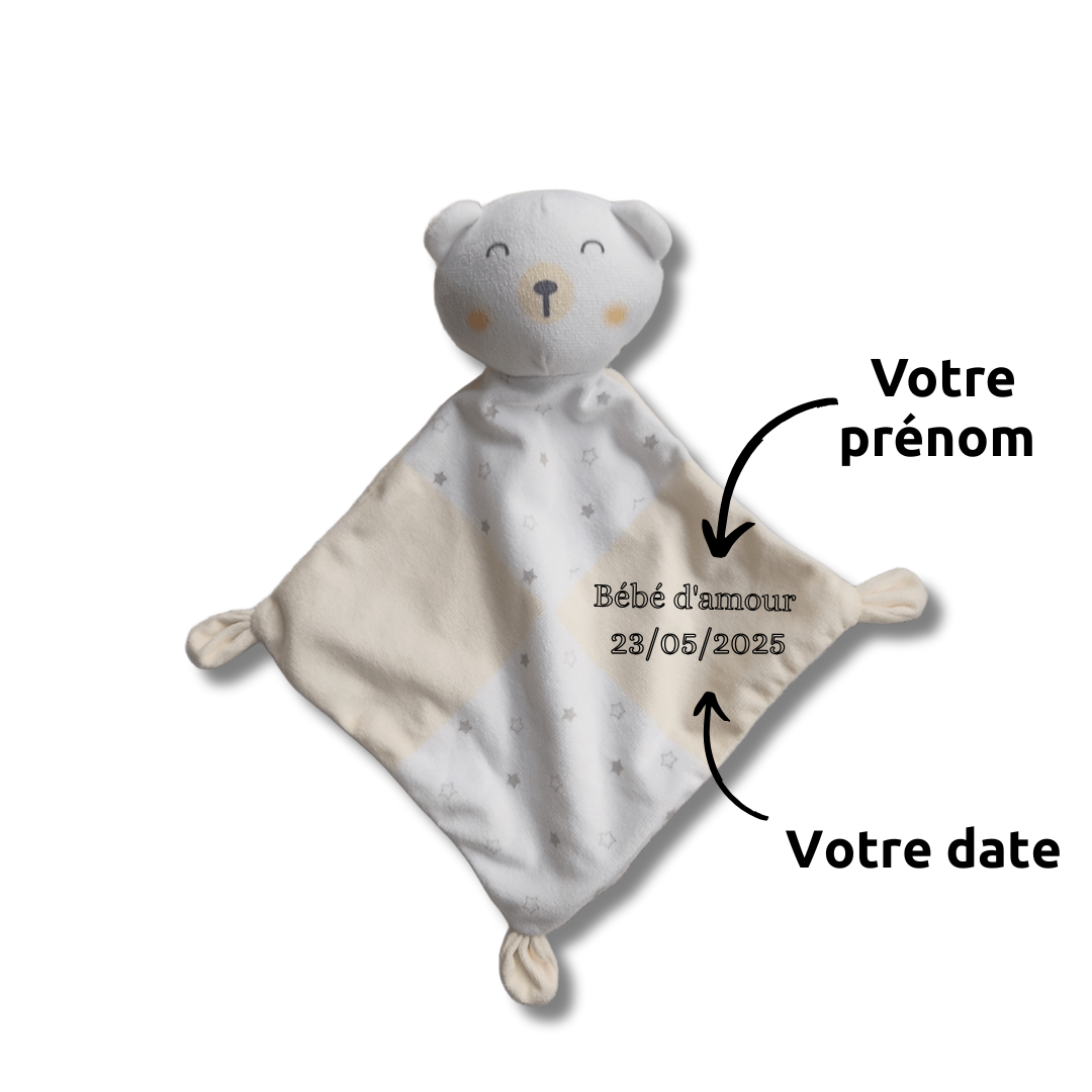 Dody l’ourson câlin – Doudou personnalisé