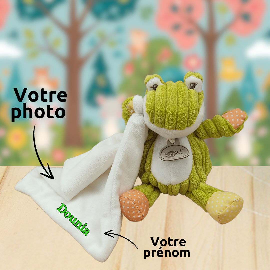 Gabin, grenouille rieuse – Doudou personnalisé