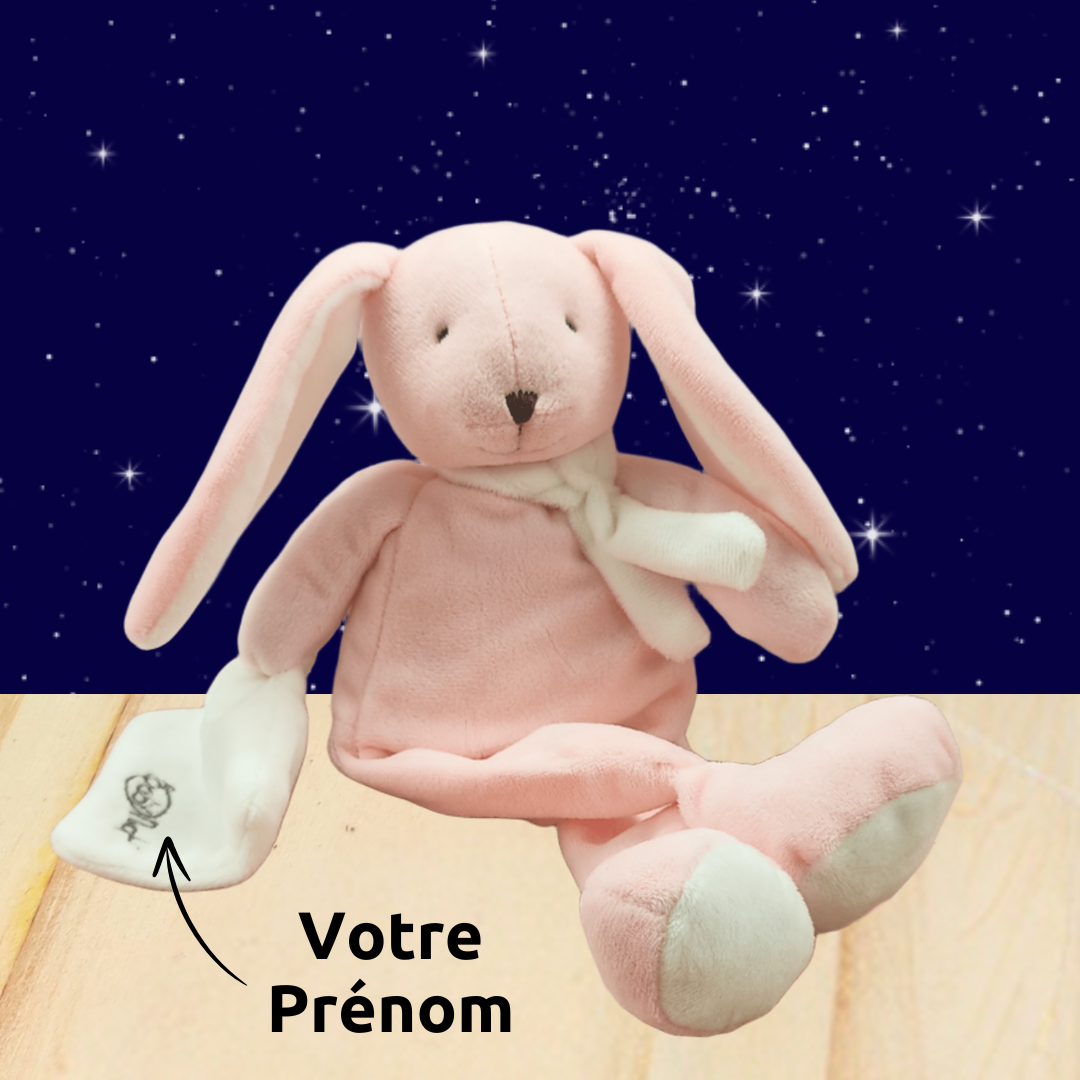 Rose le lapin tendre – Doudou personnalisé