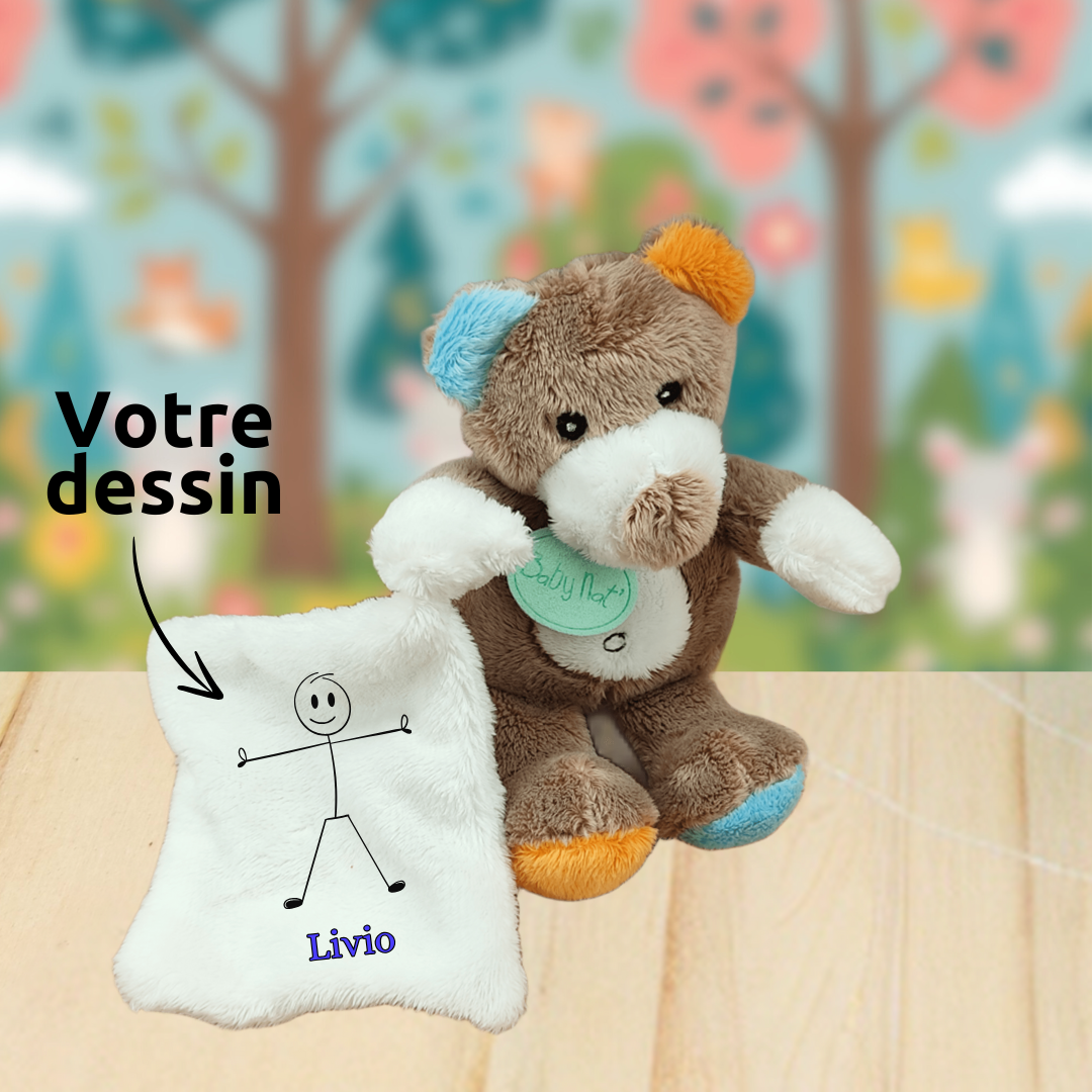 Plouf l’ours rêveur – Doudou personnalisé