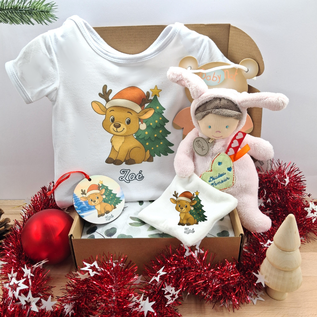 Coffret bébé personnalisé noël fille - body, boule noël et doudou