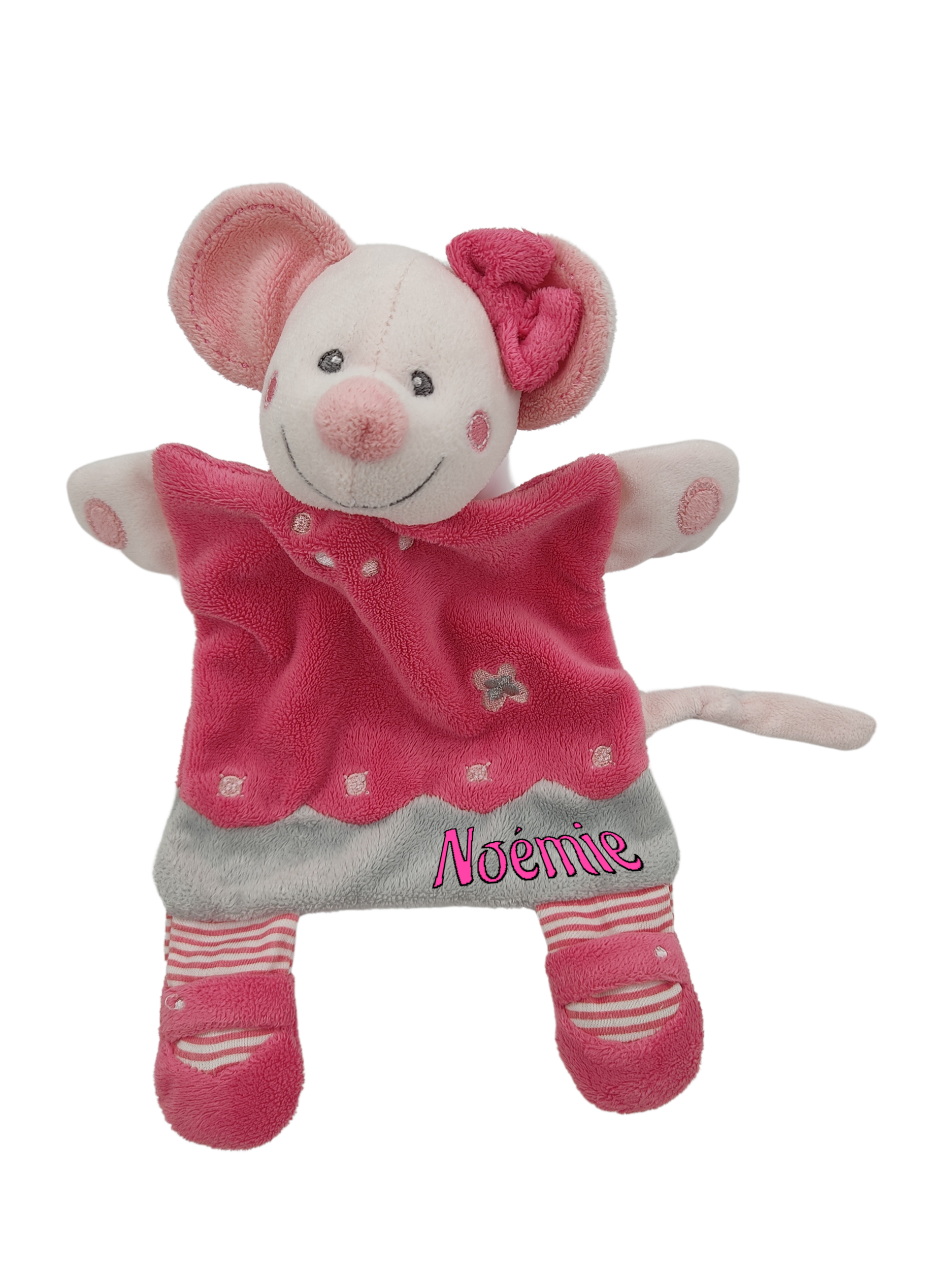 Doudou souris plate rose nœud