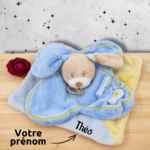 Rémi le préféré des bébés - Doudou personnalisé chien bleu cadeaux naissance