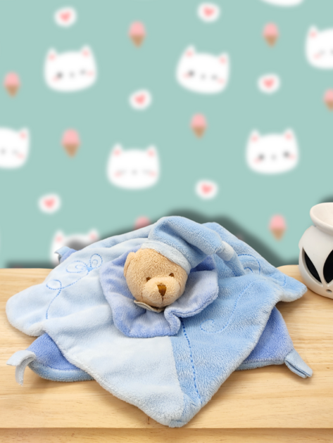Doudou ours bleu plat carré