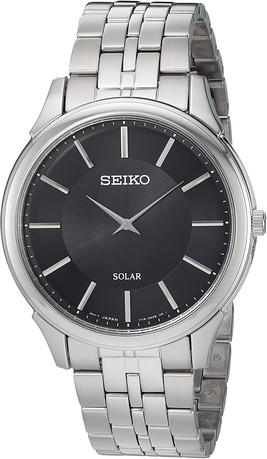 Seiko SUP865 Men\'s Core Solar Black Dial Steel Bracelet Power Reserve Watch