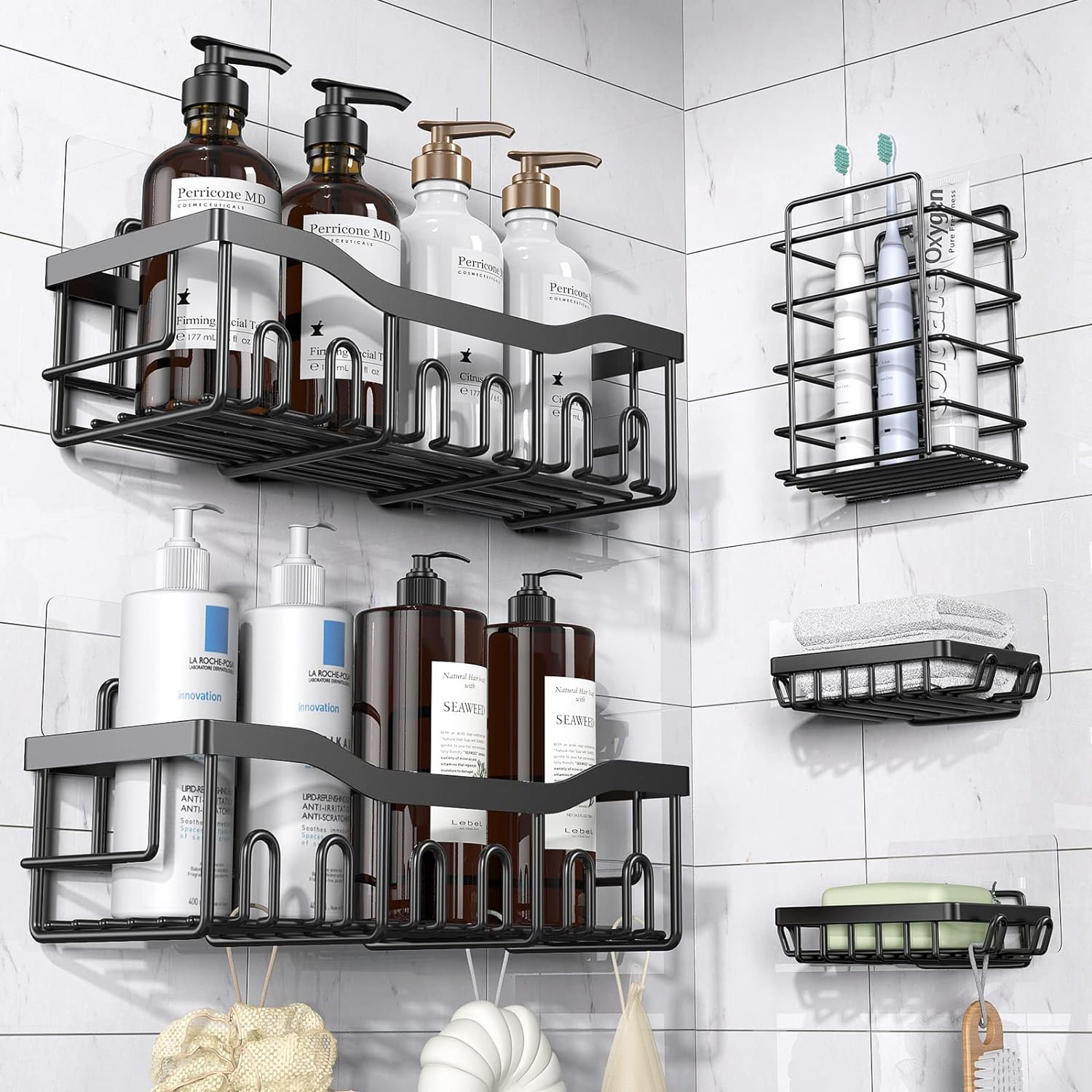 Stainless Steel Shower Caddy: 5-Pack Adhesive Organizer - Rustproof, No-Drill Bathroom Storage Shelves for Shower & Kitchen