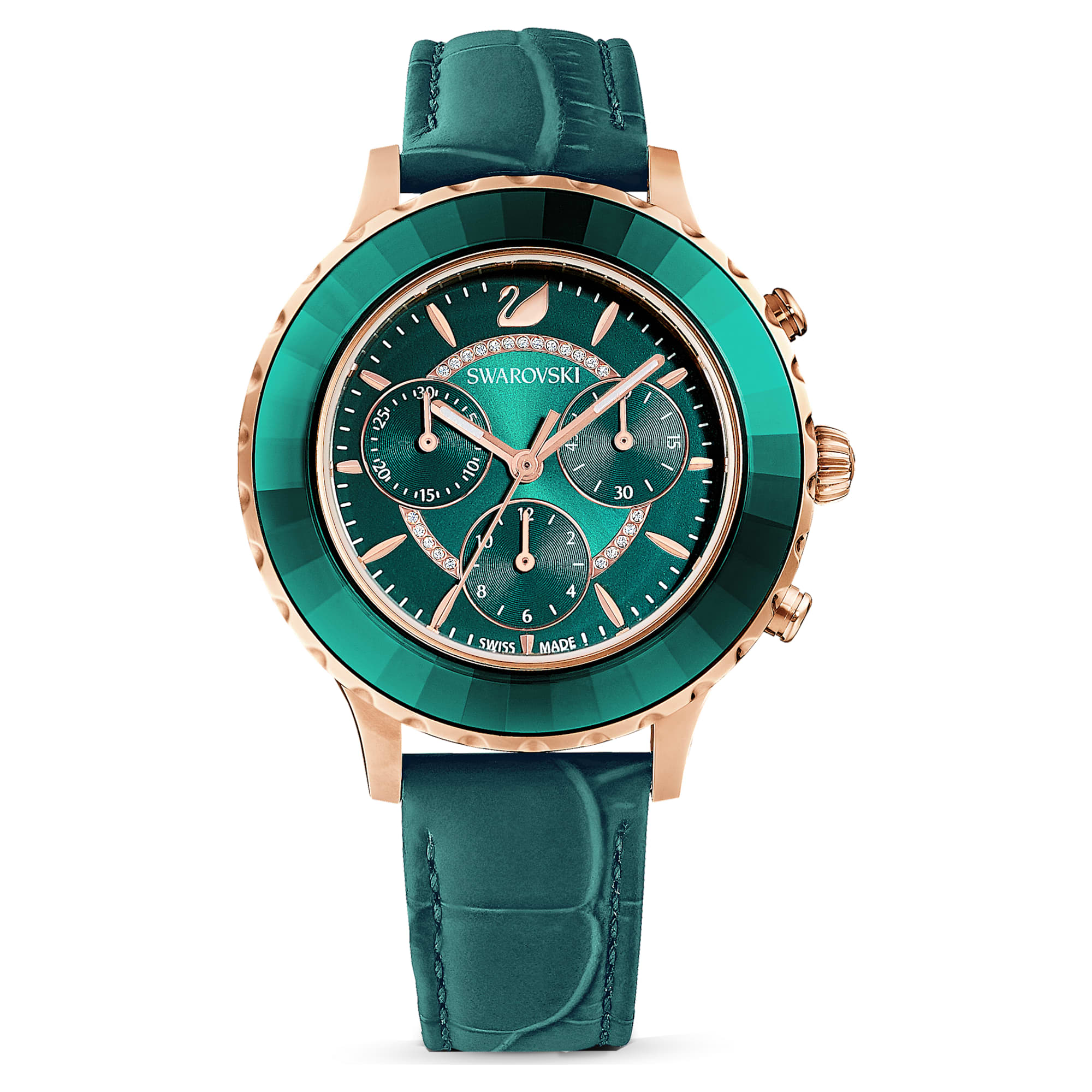 Swarovski Octea Lux Green Leather Strap Rose Gold-Tone Finish Chronograph Watch