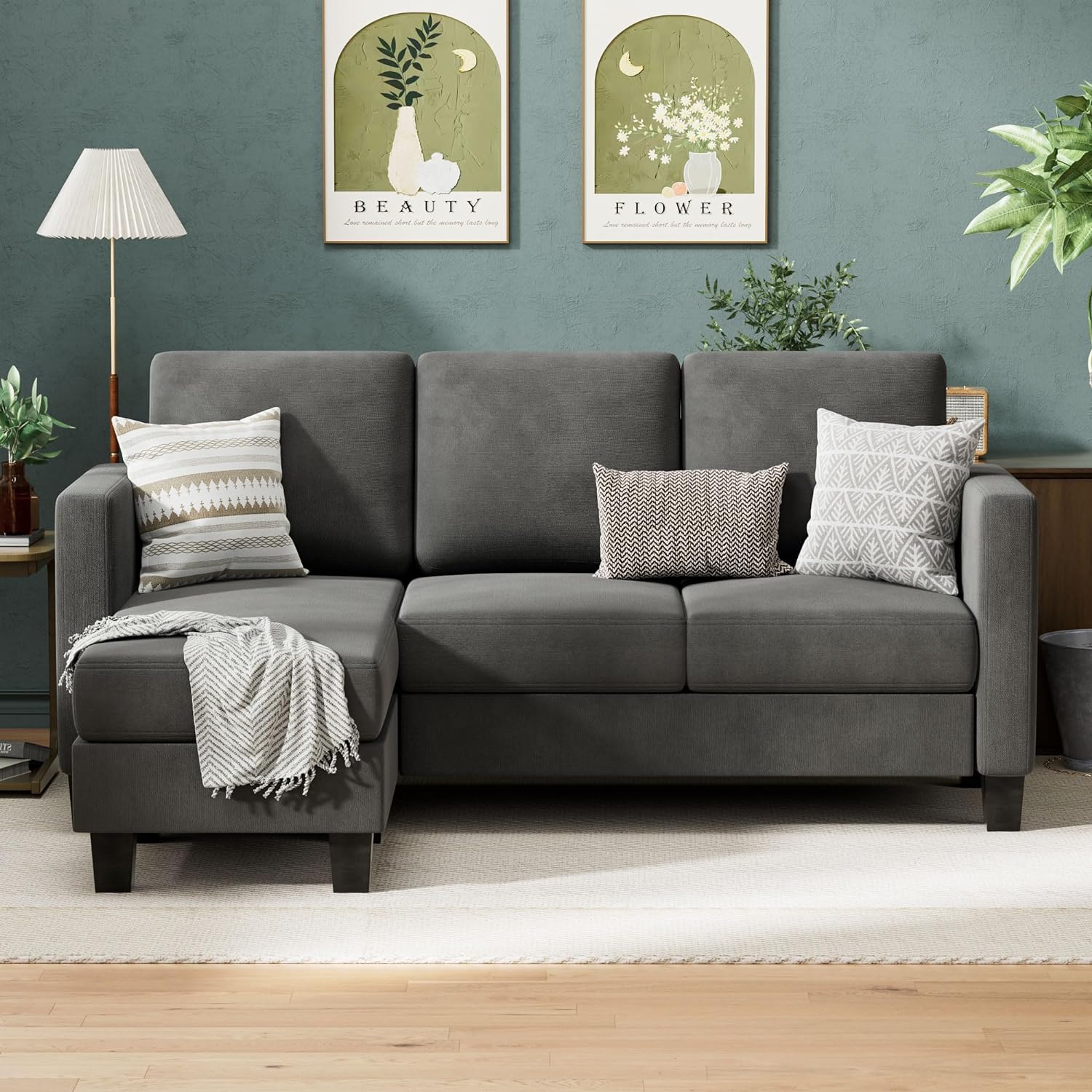 Small Apartment Sectional Sofa: 3-Seat L-Shaped Convertible Couch with Movable Ottoman - Dark Gray Linen Fabric for Compact Living Spaces