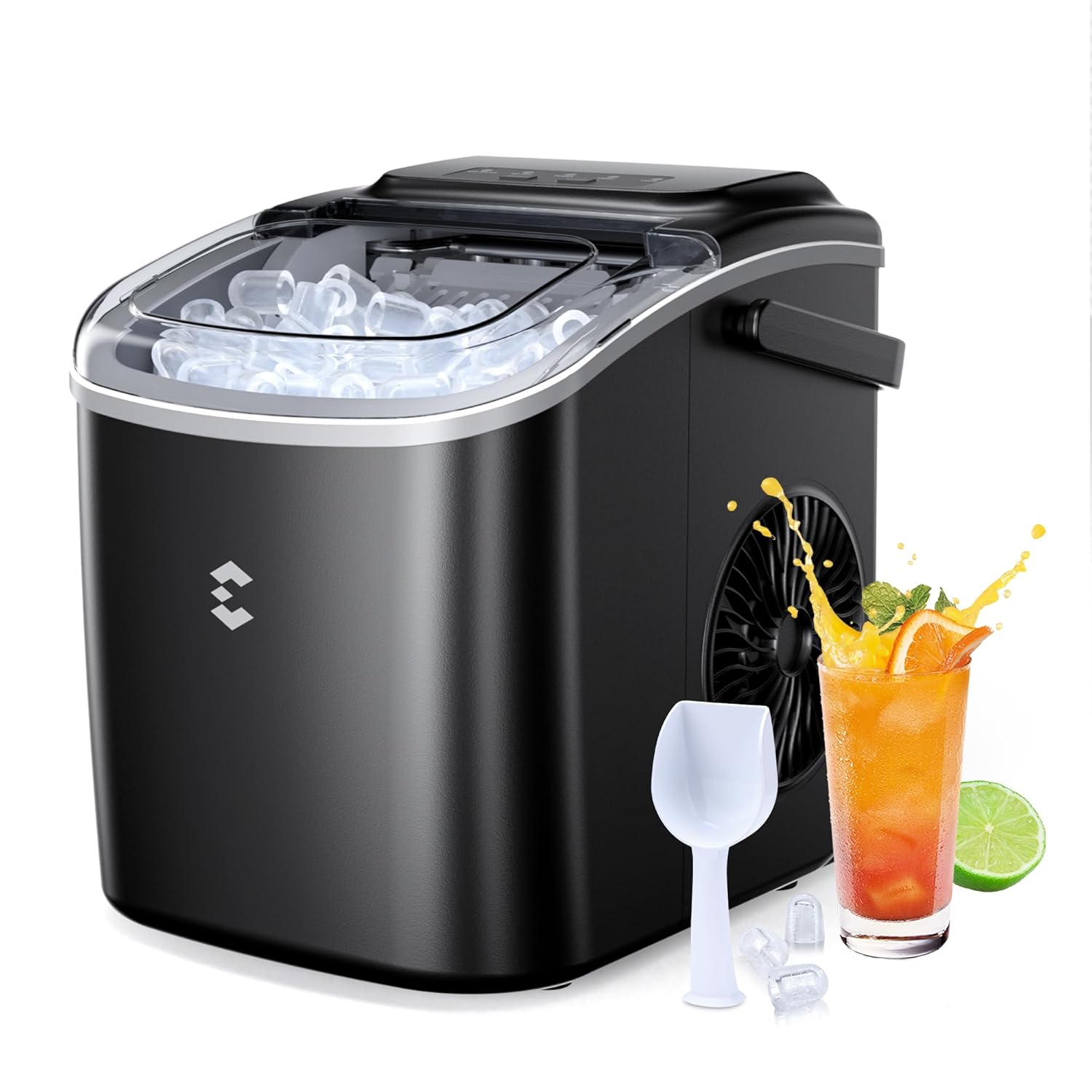 Portable Self-Cleaning Ice Maker | Countertop Machine | 9 Cubes in 6 Mins, 26lbs/24Hrs | 2 Bullet Ice Sizes | For Kitchen, RV, Bar - Black