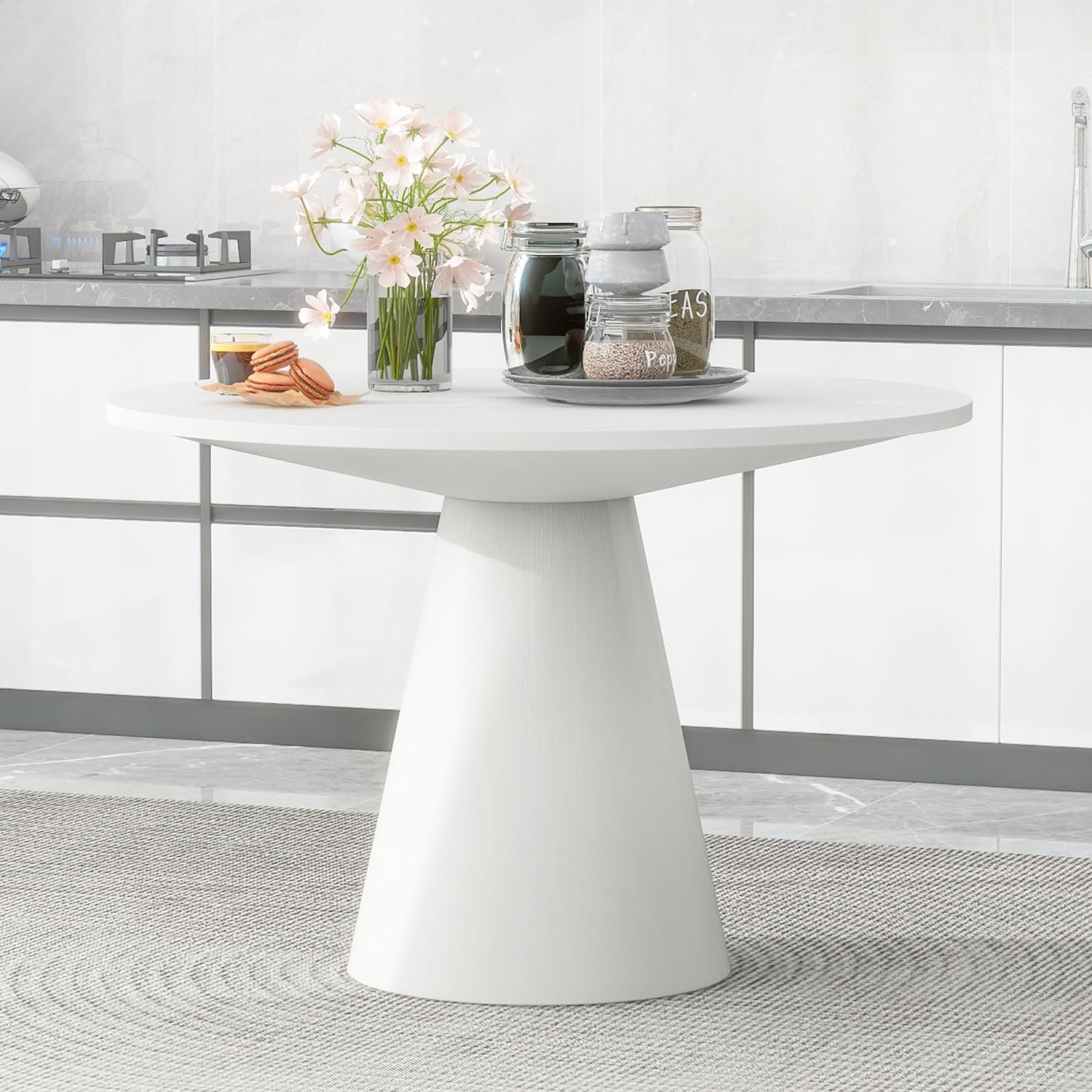 Retro Style Wooden Round Dining Table | White 47 Mid-Century Modern Kitchen Table for Small Spaces, Apartments & Dining Rooms
