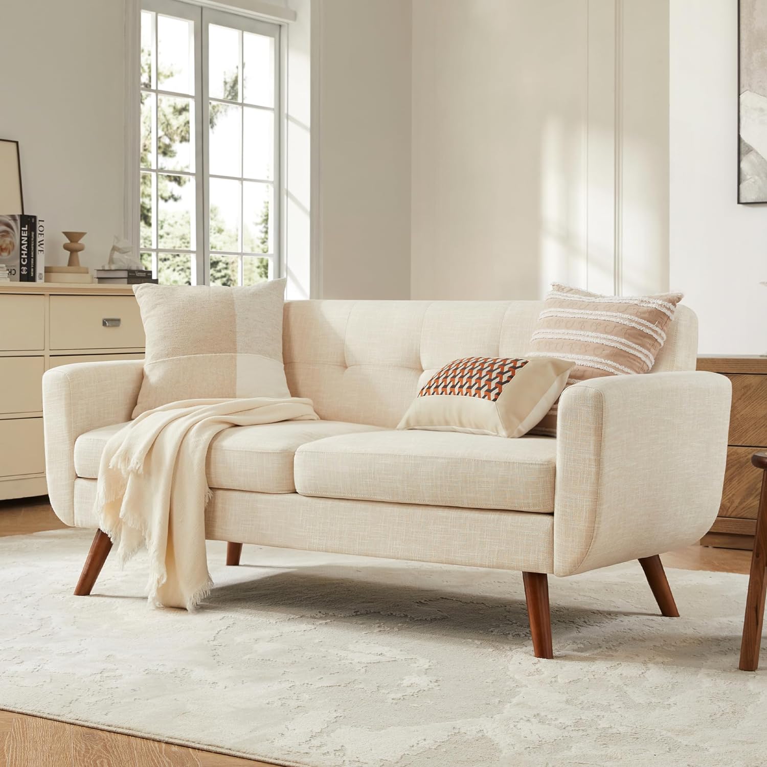 Comfortable 65 Stylish Two-Seater Loveseat Sofa | Mid-Century Modern Button-Tufted Upholstered Couch | Compact Beige Love Seat for Living Room, Bedroom