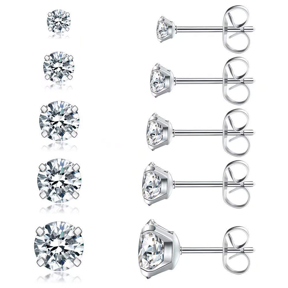 5-Pair Stud Earrings Set for Sensitive Ears: Hypoallergenic 316L Stainless Steel CZ Earrings, 3-8mm Cubic Zirconia Studs, Nickel-Free Jewelry for Women