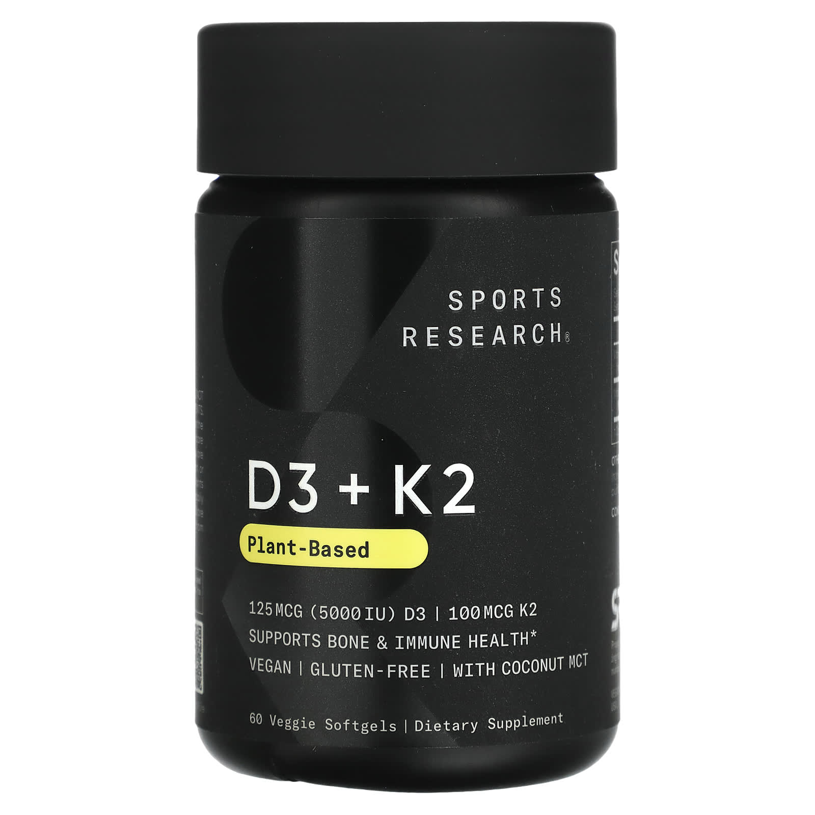 Sports Research Vegan Vitamin D3 and K2 Supplement: Plant-Based 5000 IU D3 with MK-7 K2, Coconut Oil for Enhanced Absorption, Gluten-Free, Soy-Free, 60 Softgels for Bone and Immune Support