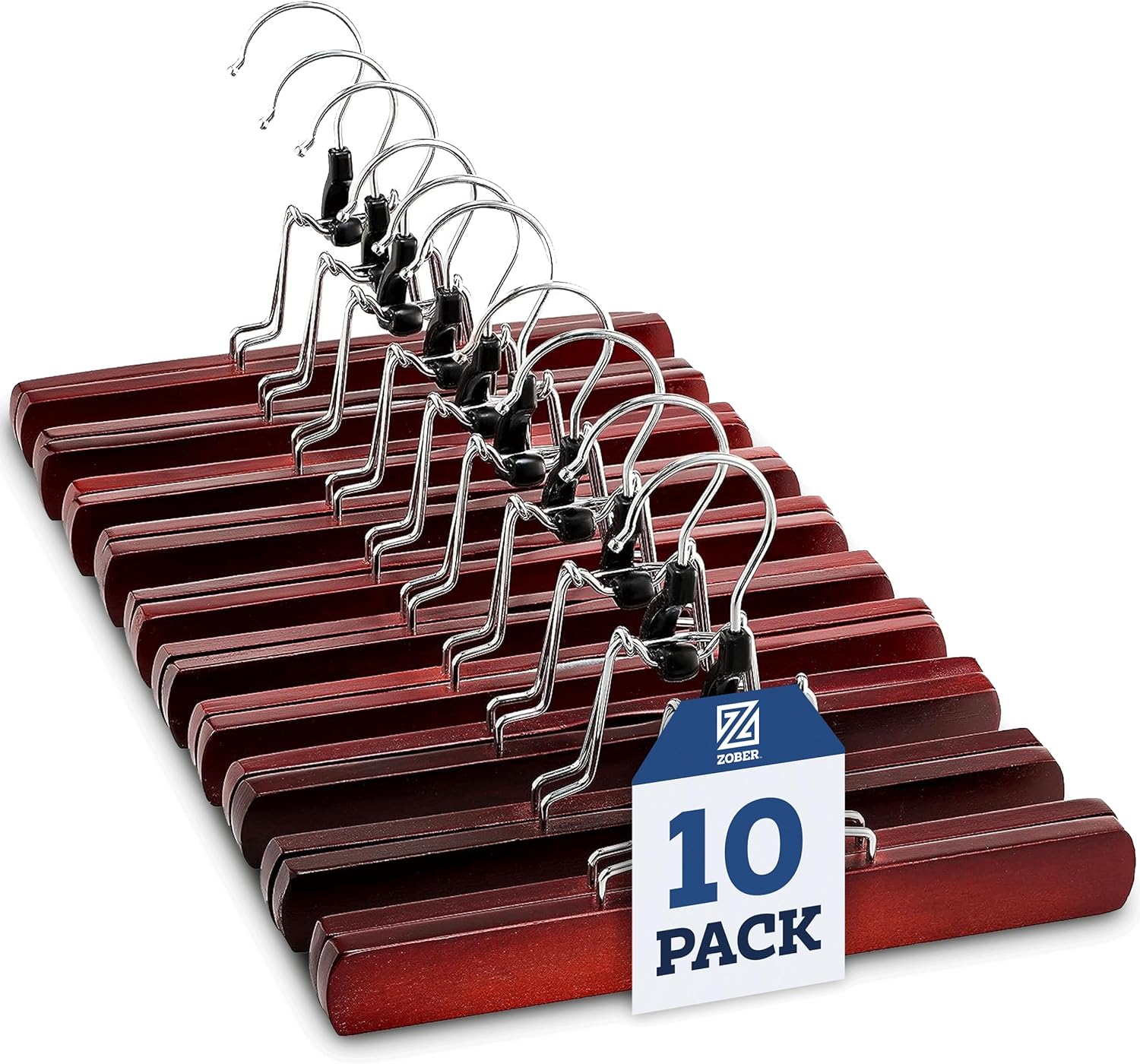 Non-Slip Wooden Hangers with Clips | 10-Pack Premium Cherry Wood Pants Hangers | Space-Saving 360° Rotatable Hook for Closet Organization