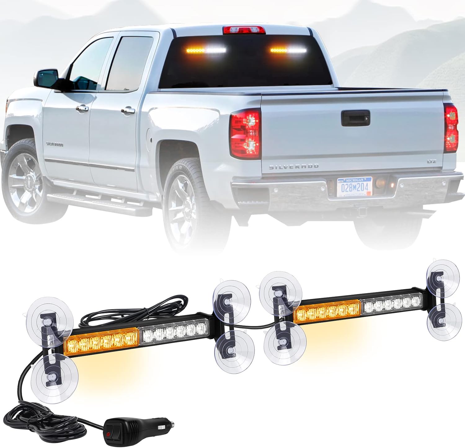 2-Pack Amber White LED Emergency Strobe Lights for Trucks | 10.7 24-LED Warning Flashing Safety Bar | Dash, Window & Grill Mount for Construction, Tow & Plow Vehicles