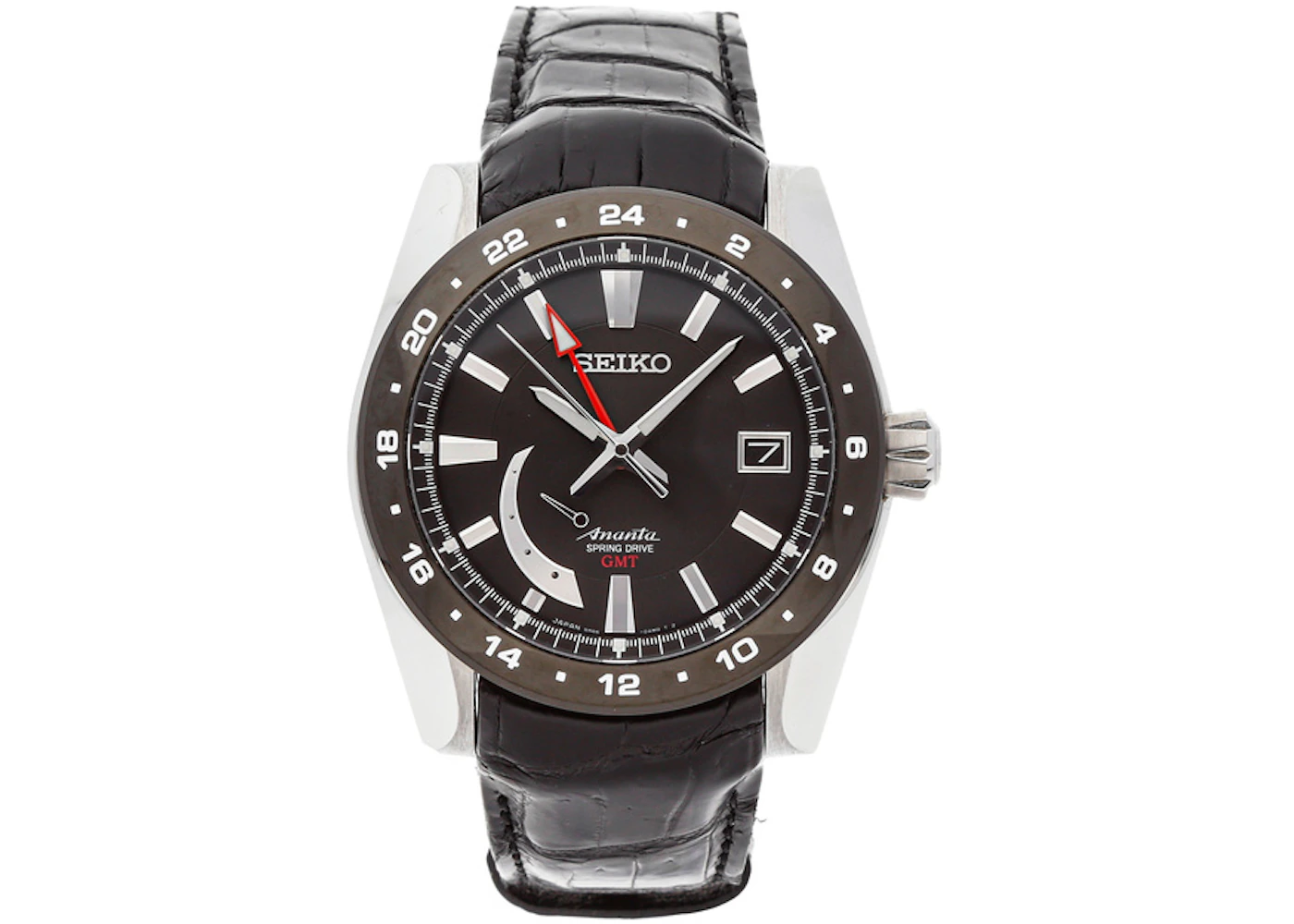 Seiko SNR021 Ananta Spring Drive GMT Black Leather Men\'s Watch with Innovative Movement and Dual Time Zone Function