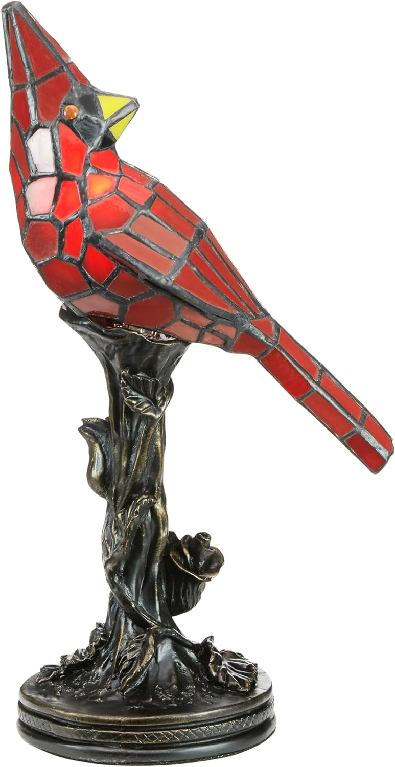 Tiffany-Style Cardinal Bird Accent Lamp | Handcrafted Stained Glass Table Light | 8W x 13.5H | Vintage-Inspired Home Decor | Colorful Living Room Illumination