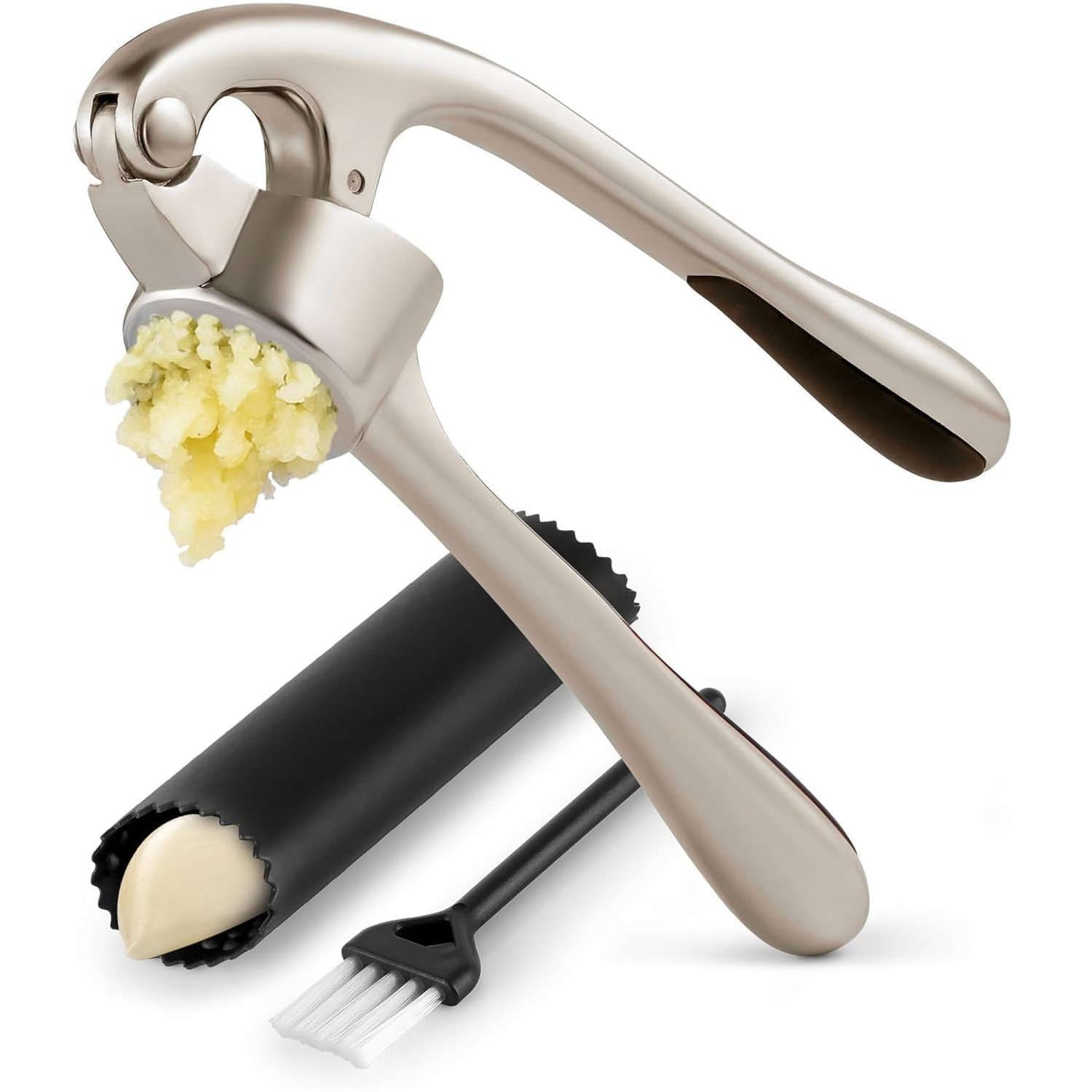 Zulay Premium Handheld Garlic Press with Soft Handle: Professional Rust-Proof Mincer Set, Easy-Squeeze Ergonomic Design, Dishwasher Safe, Includes Silicone Peeler and Cleaning Brush