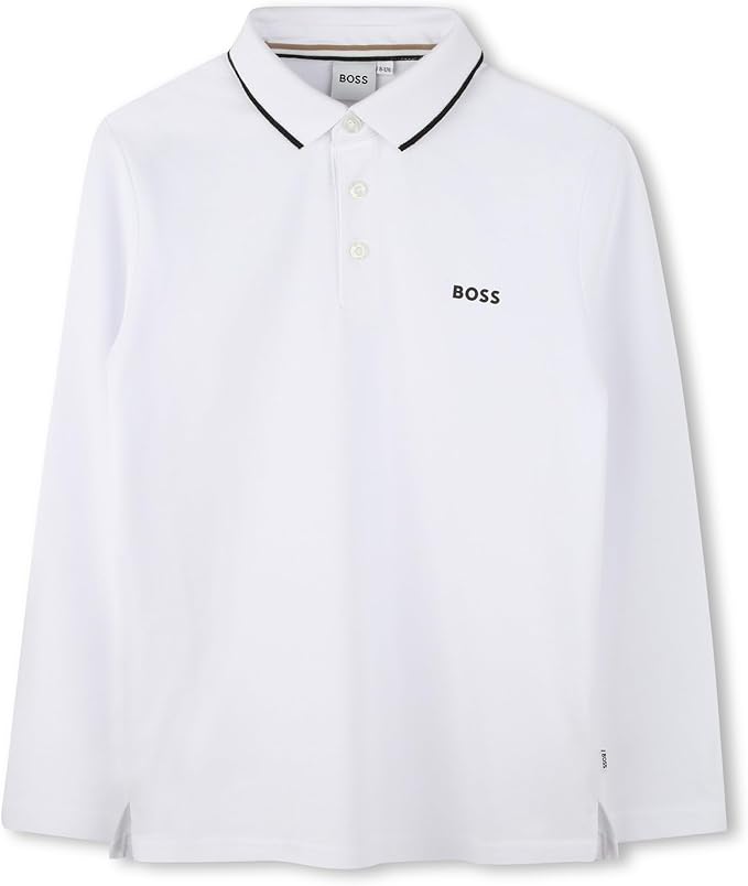 BOSS Boys Long Sleeve Knit Polo Shirt with Striped Collar - 100% Cotton, Iconic Logo, Premium Comfort for Stylish Kids