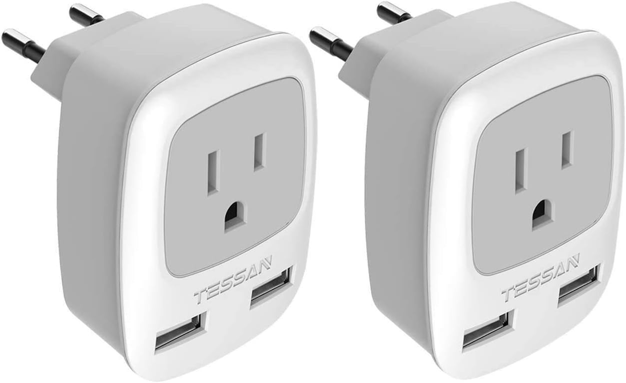 European Travel Plug Adapter 2 Pack – US to EU Type C Plug with 2 USB Ports, Compact & Portable for Travel in France, Germany, Spain, Italy, and More